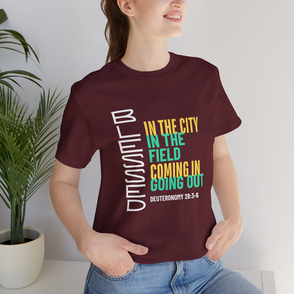 Blessed vertical text T-Shirt | In the city, in the field, coming in, going out