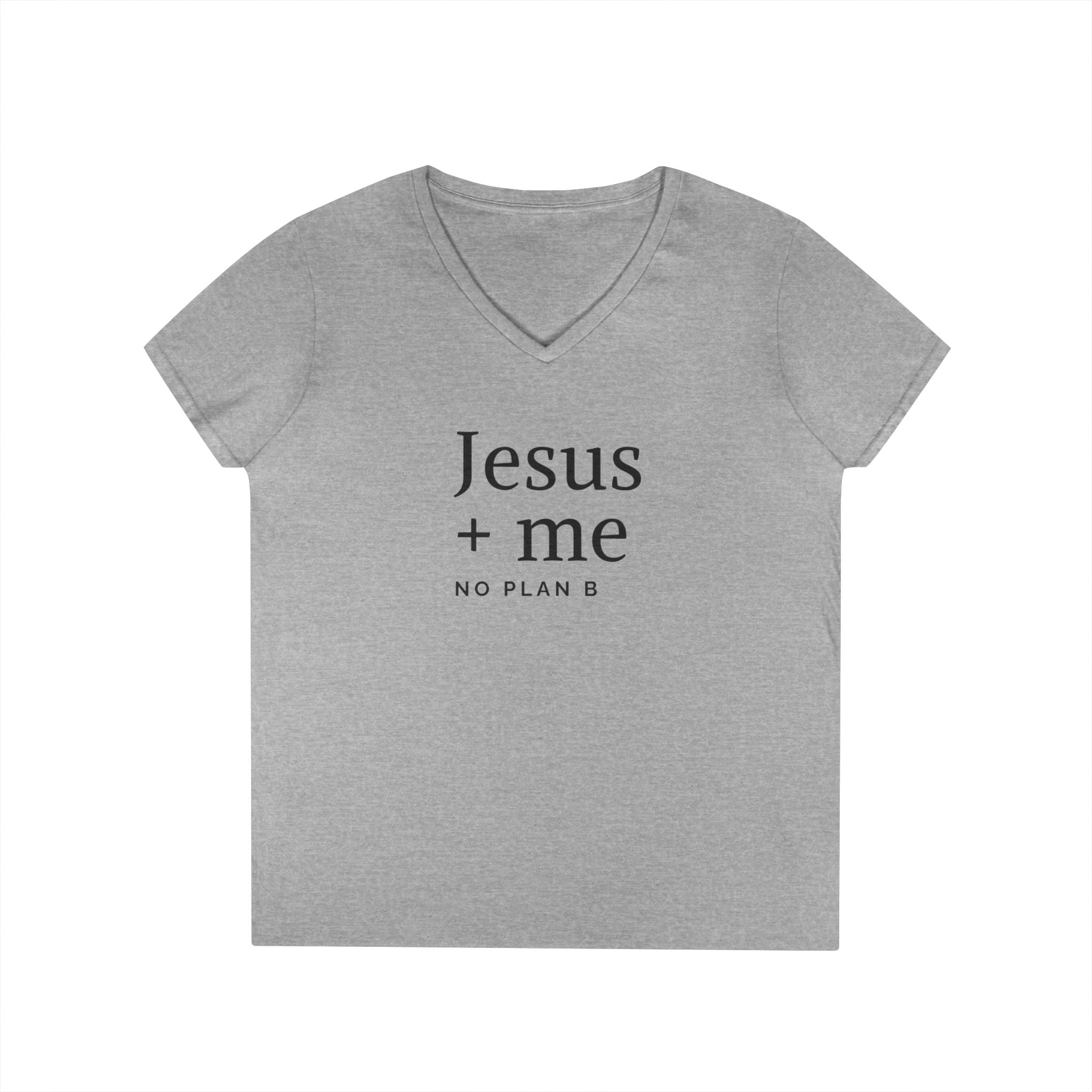 Jesus + Me V-Neck Tee — No Plan B Christian Women’s T-Shirt with Cross Back Design