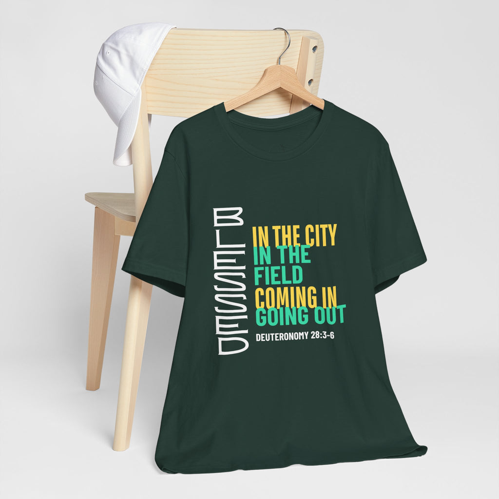Blessed vertical text T-Shirt | In the city, in the field, coming in, going out