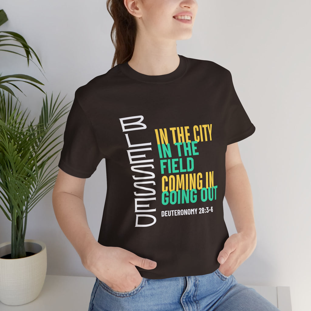 Blessed vertical text T-Shirt | In the city, in the field, coming in, going out