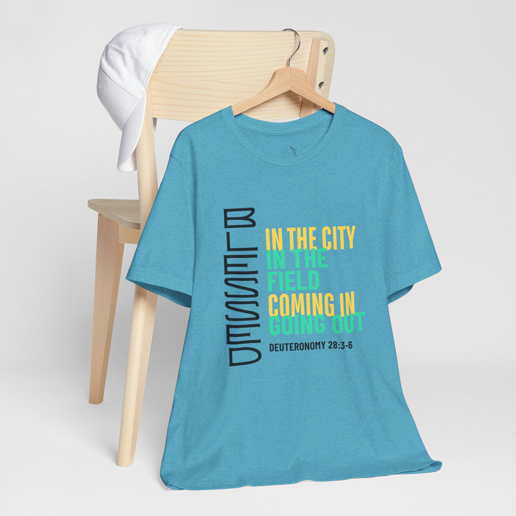 Blessed vertical text T-Shirt | In the city, in the field, coming in, going out