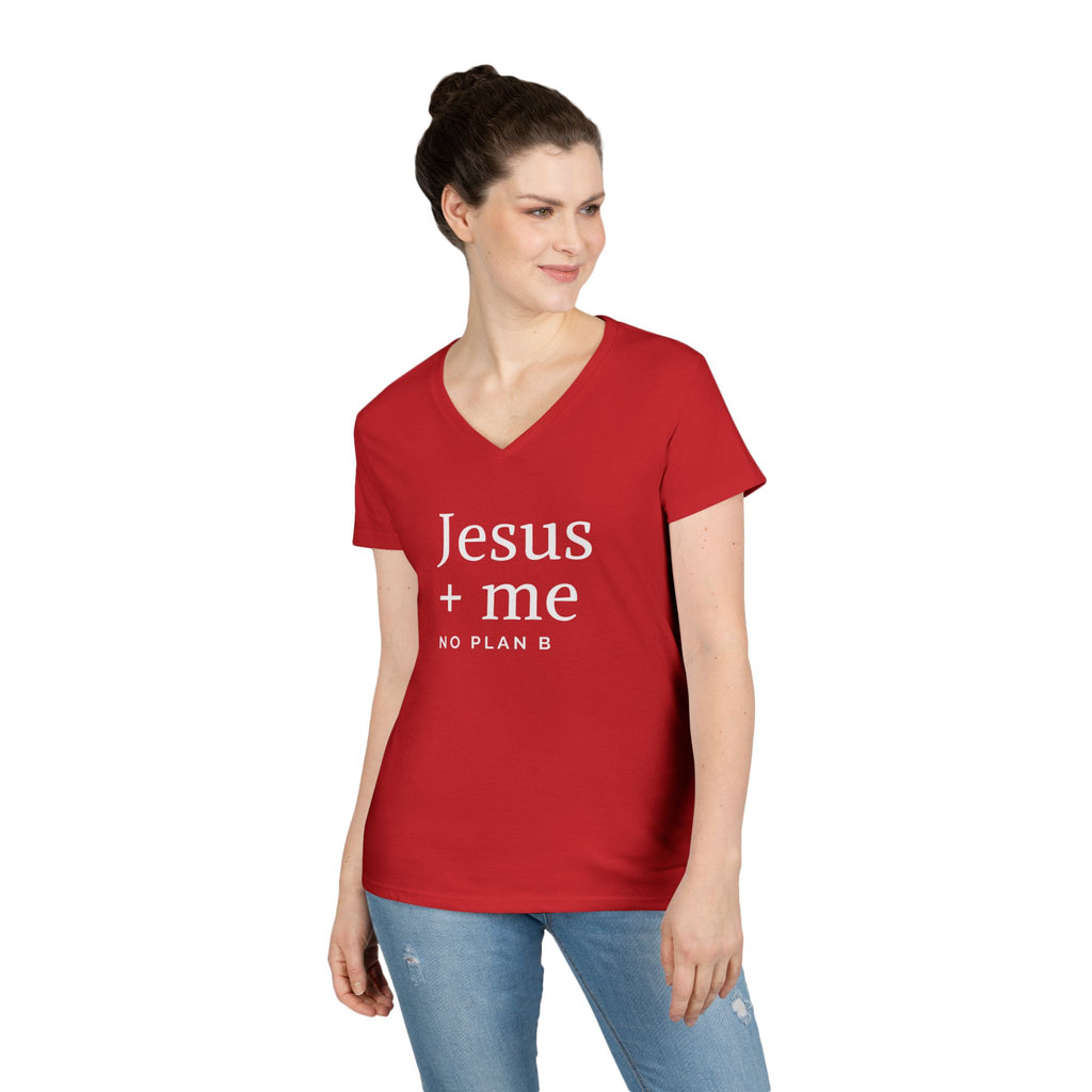 Jesus + Me V-Neck Tee — No Plan B Christian Women’s T-Shirt with Cross Back Design