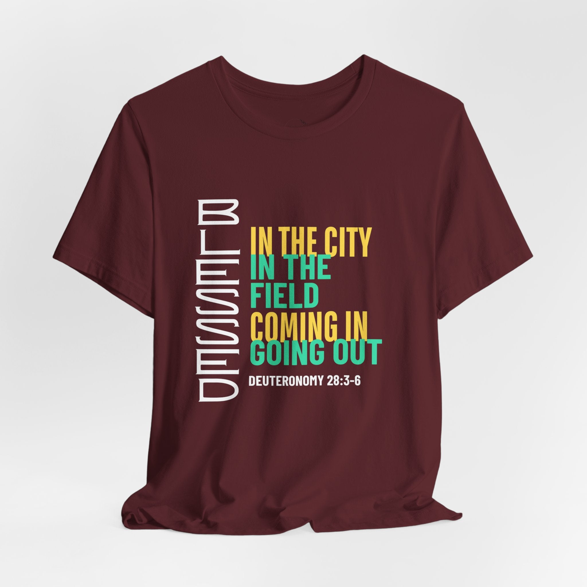 Blessed vertical text T-Shirt | In the city, in the field, coming in, going out
