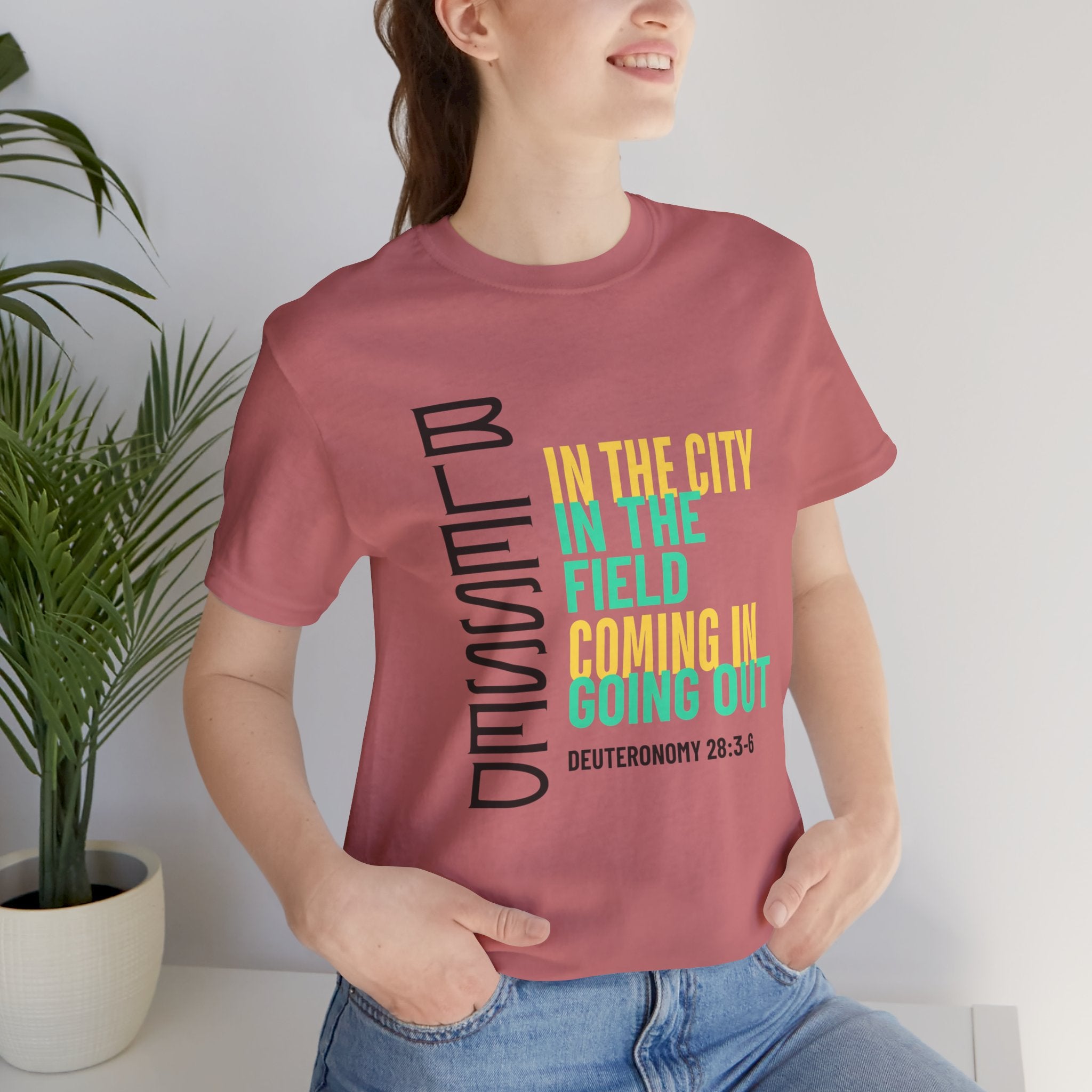 Blessed vertical text T-Shirt | In the city, in the field, coming in, going out