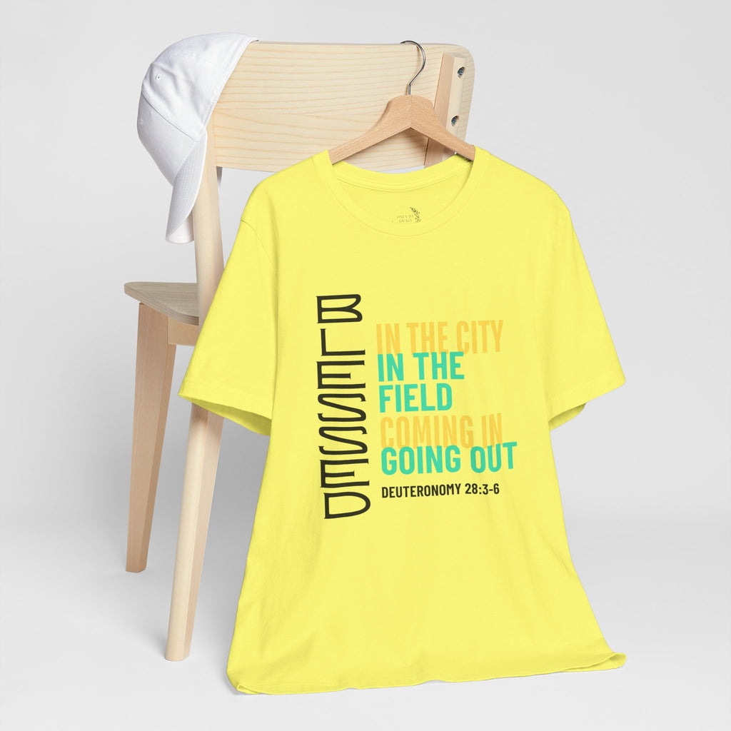 Blessed vertical text T-Shirt | In the city, in the field, coming in, going out