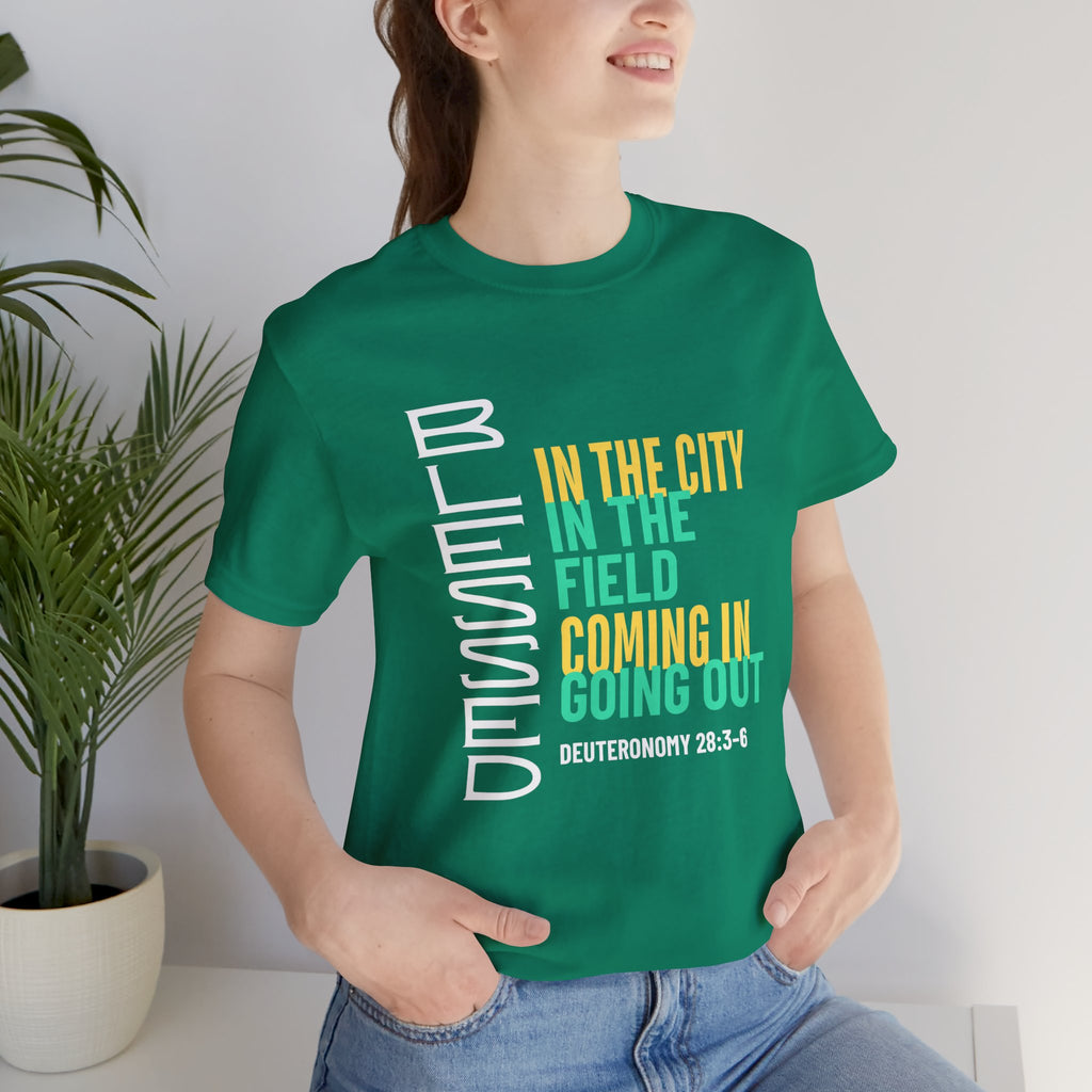 Blessed vertical text T-Shirt | In the city, in the field, coming in, going out