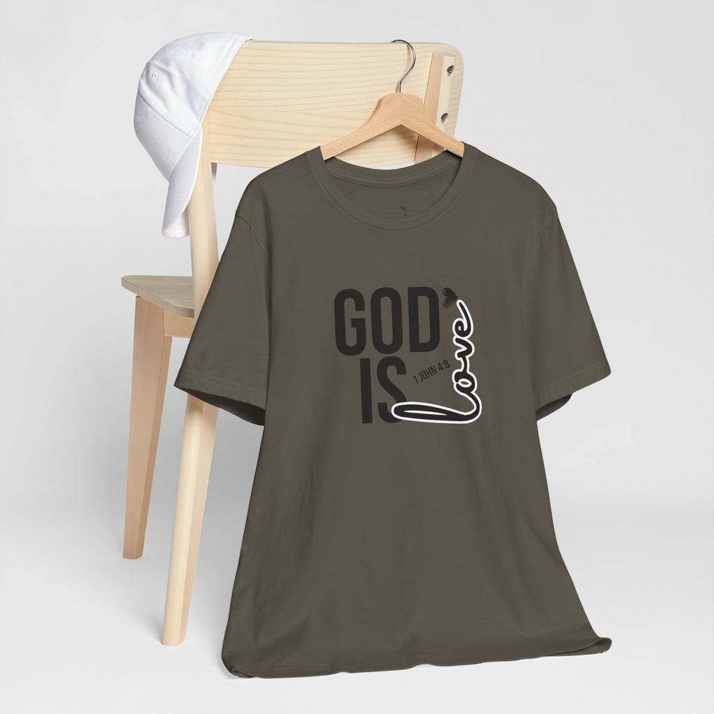 God Is Love T‑Shirt — Christian Faith Tee with Script Heart Design