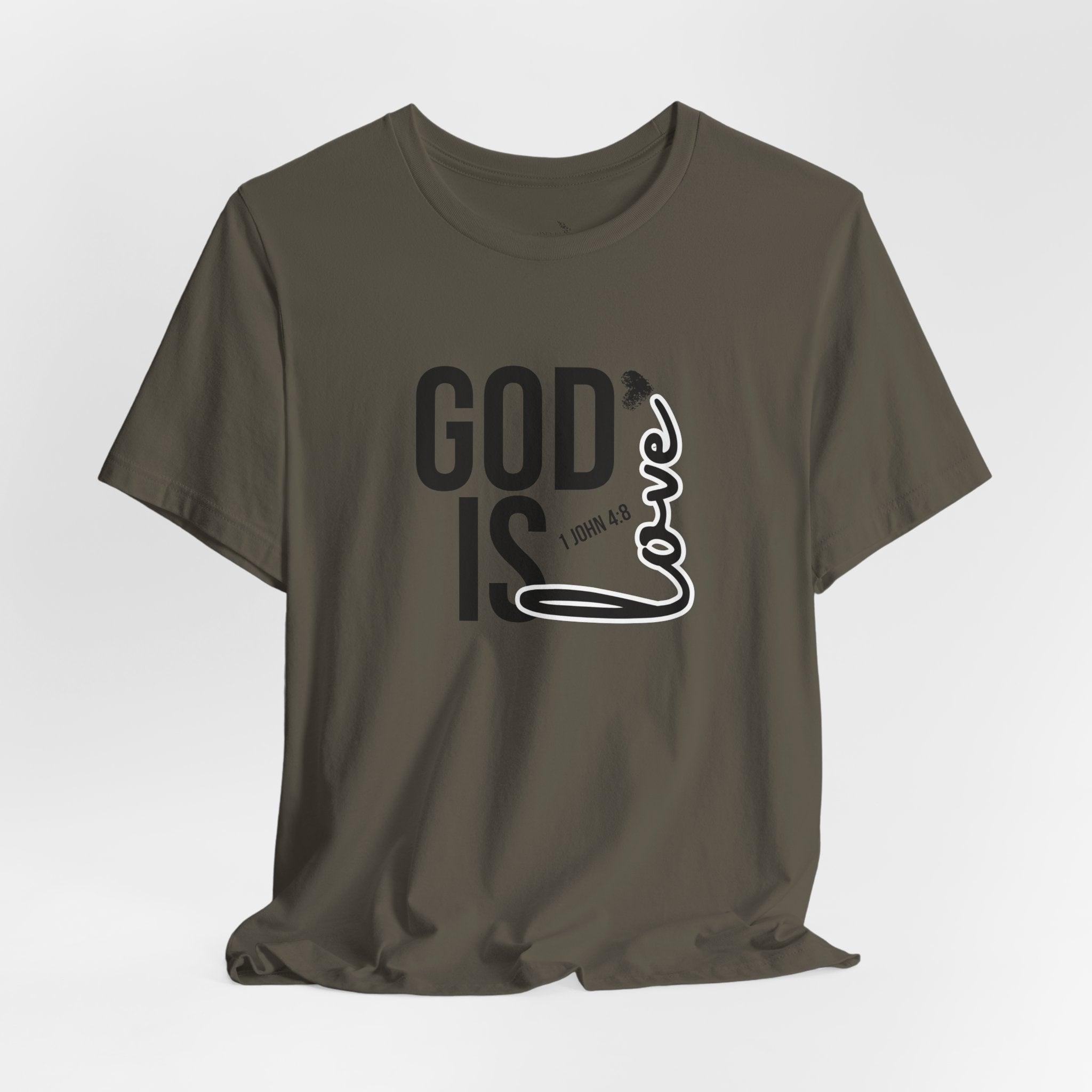 God Is Love T‑Shirt — Christian Faith Tee with Script Heart Design