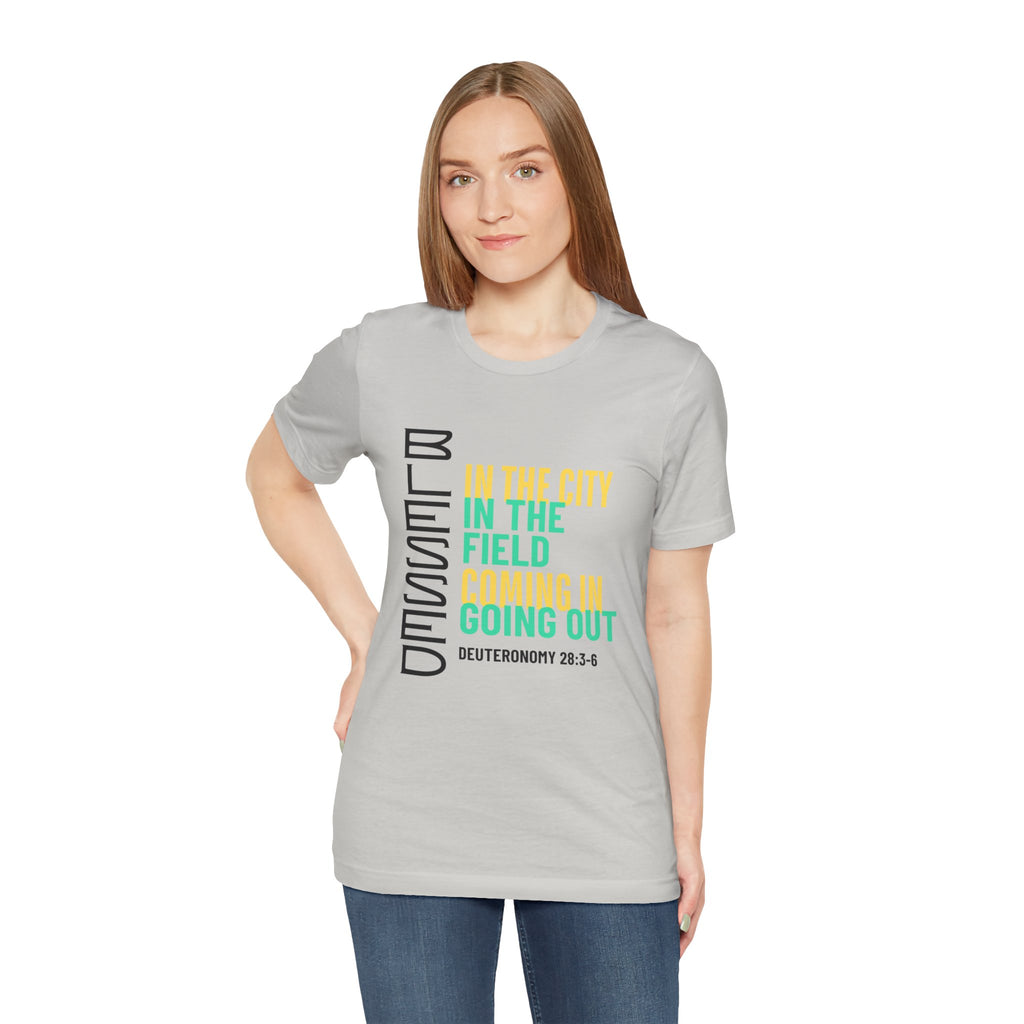 Blessed vertical text T-Shirt | In the city, in the field, coming in, going out