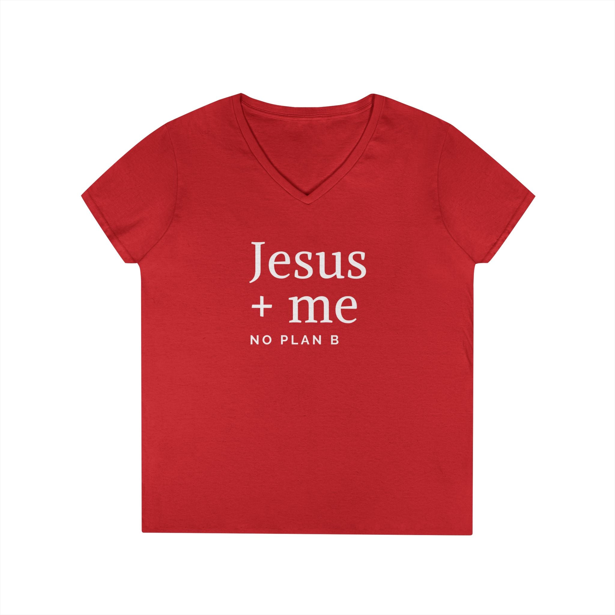 Jesus + Me V-Neck Tee — No Plan B Christian Women’s T-Shirt with Cross Back Design