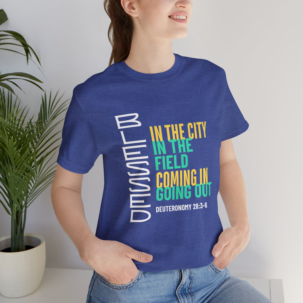 Blessed vertical text T-Shirt | In the city, in the field, coming in, going out
