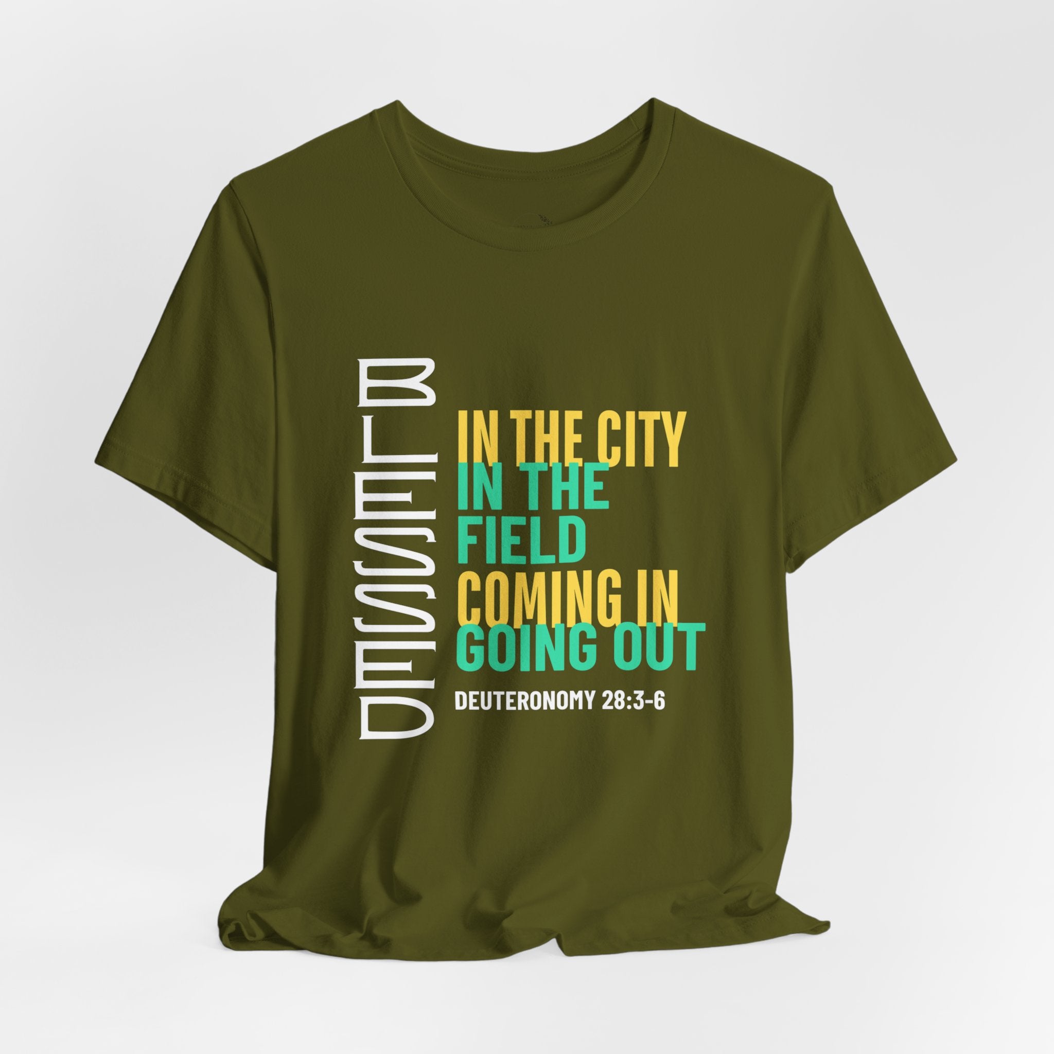 Blessed vertical text T-Shirt | In the city, in the field, coming in, going out