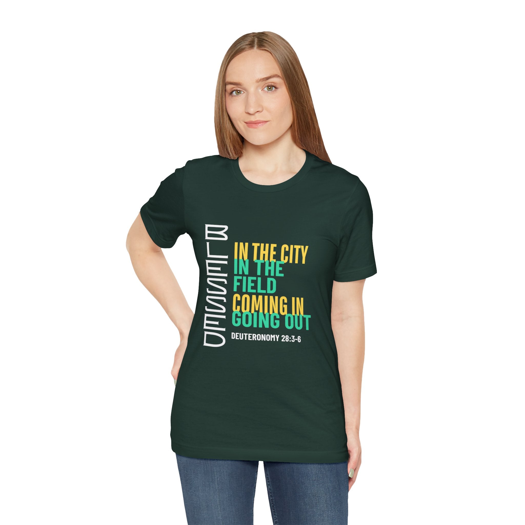 Blessed vertical text T-Shirt | In the city, in the field, coming in, going out