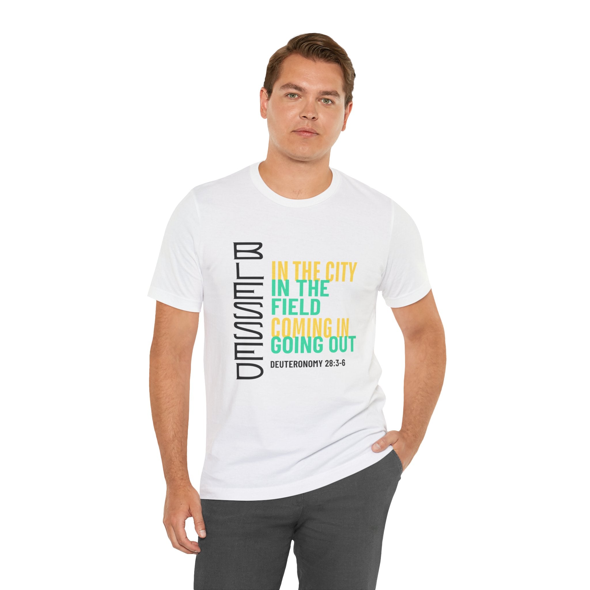 Blessed vertical text T-Shirt | In the city, in the field, coming in, going out