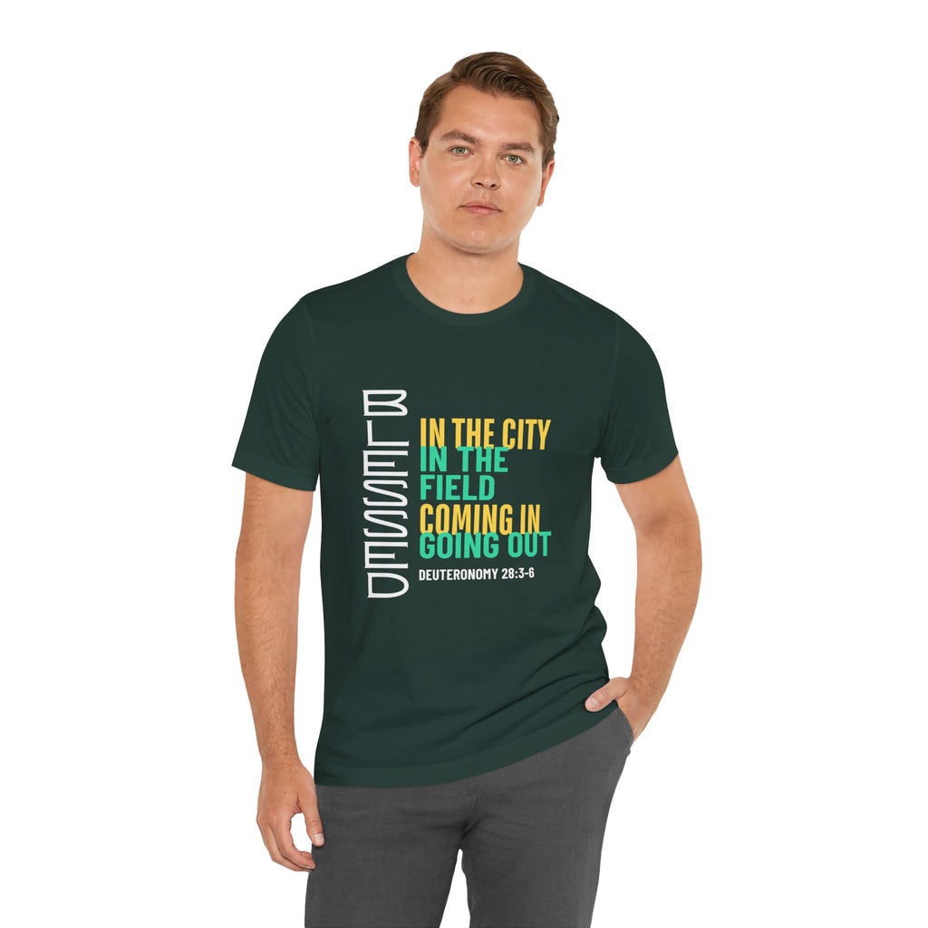 Blessed vertical text T-Shirt | In the city, in the field, coming in, going out