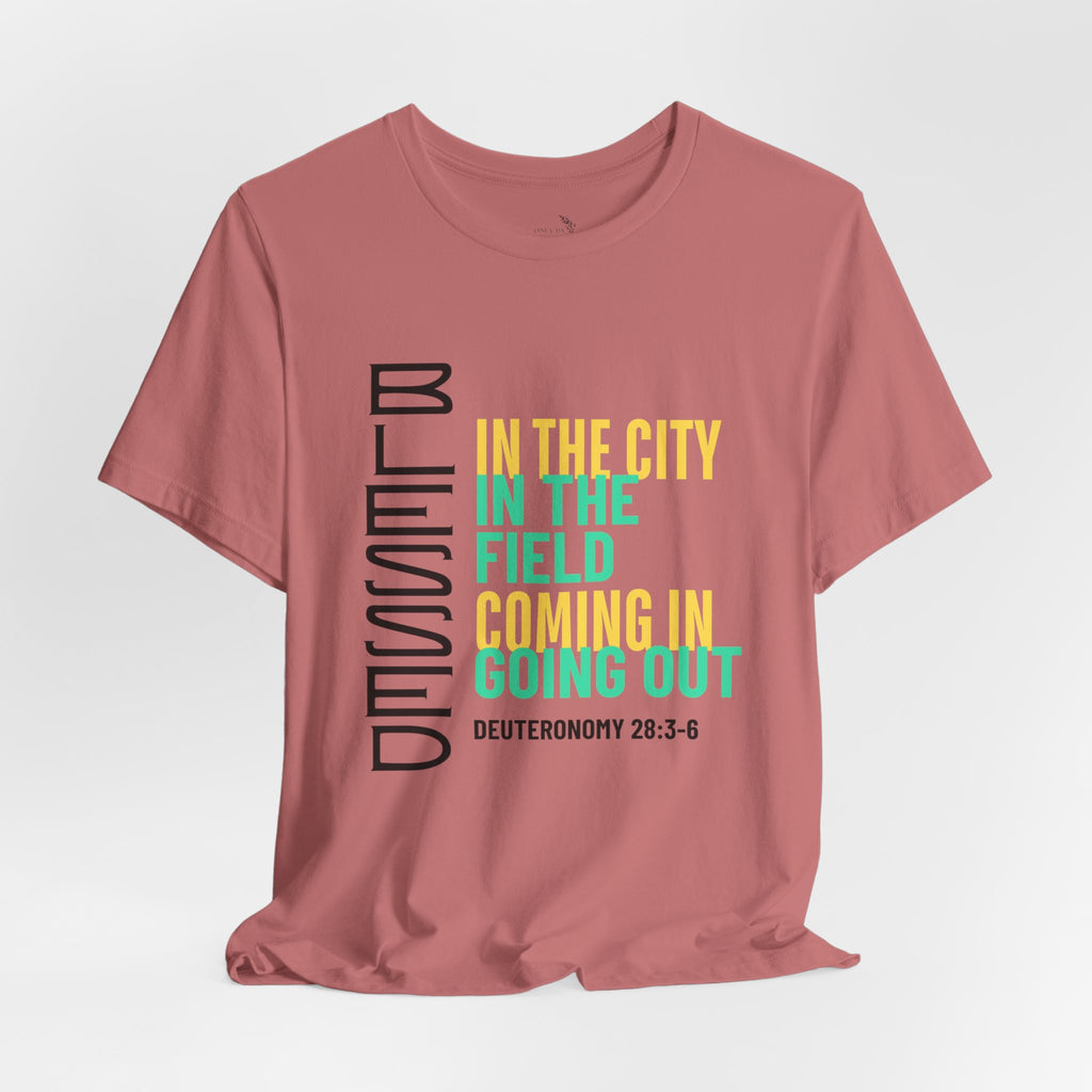 Blessed vertical text T-Shirt | In the city, in the field, coming in, going out