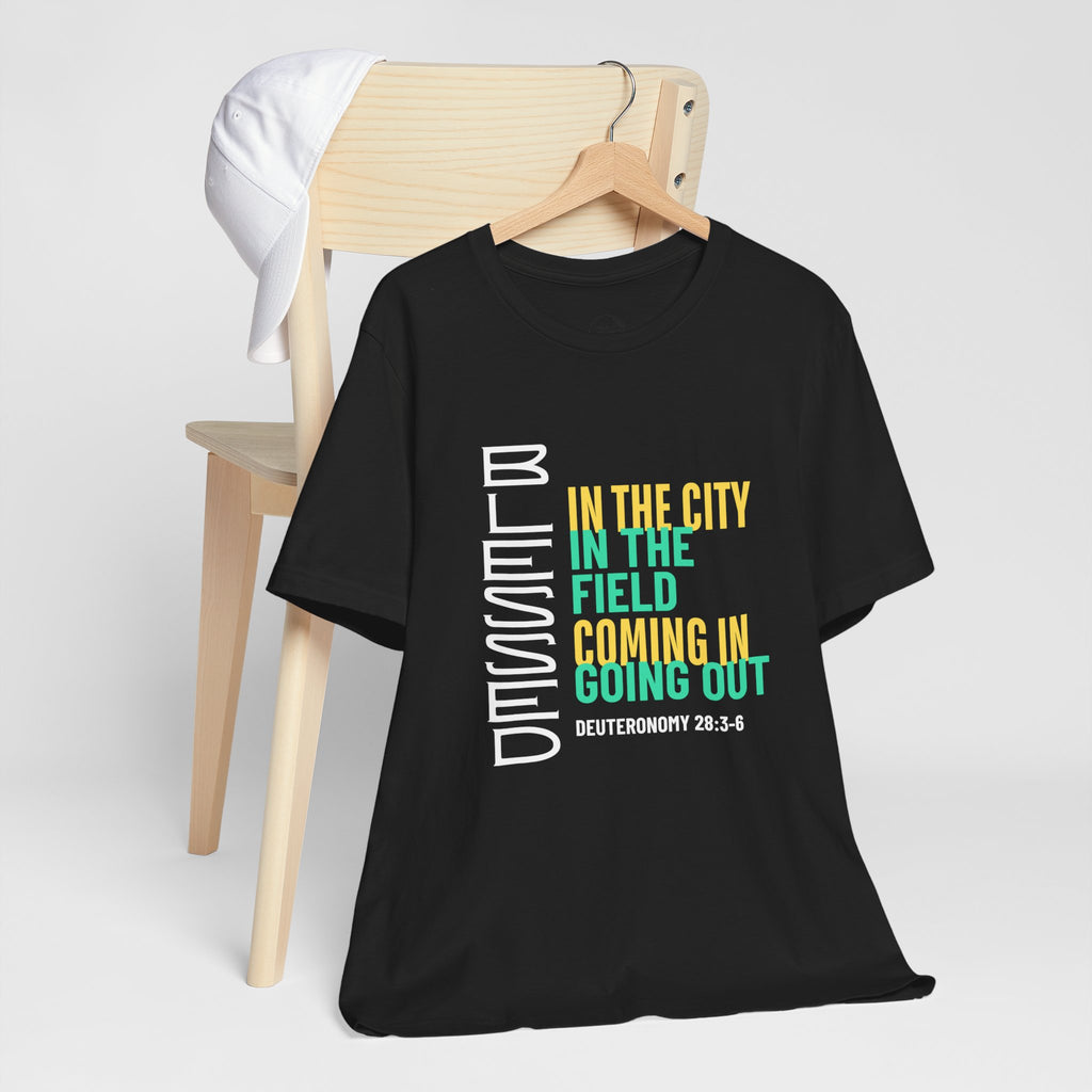 Blessed vertical text T-Shirt | In the city, in the field, coming in, going out