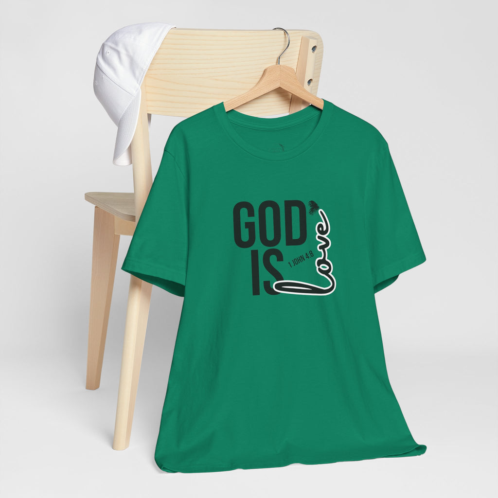 God Is Love T‑Shirt — Christian Faith Tee with Script Heart Design