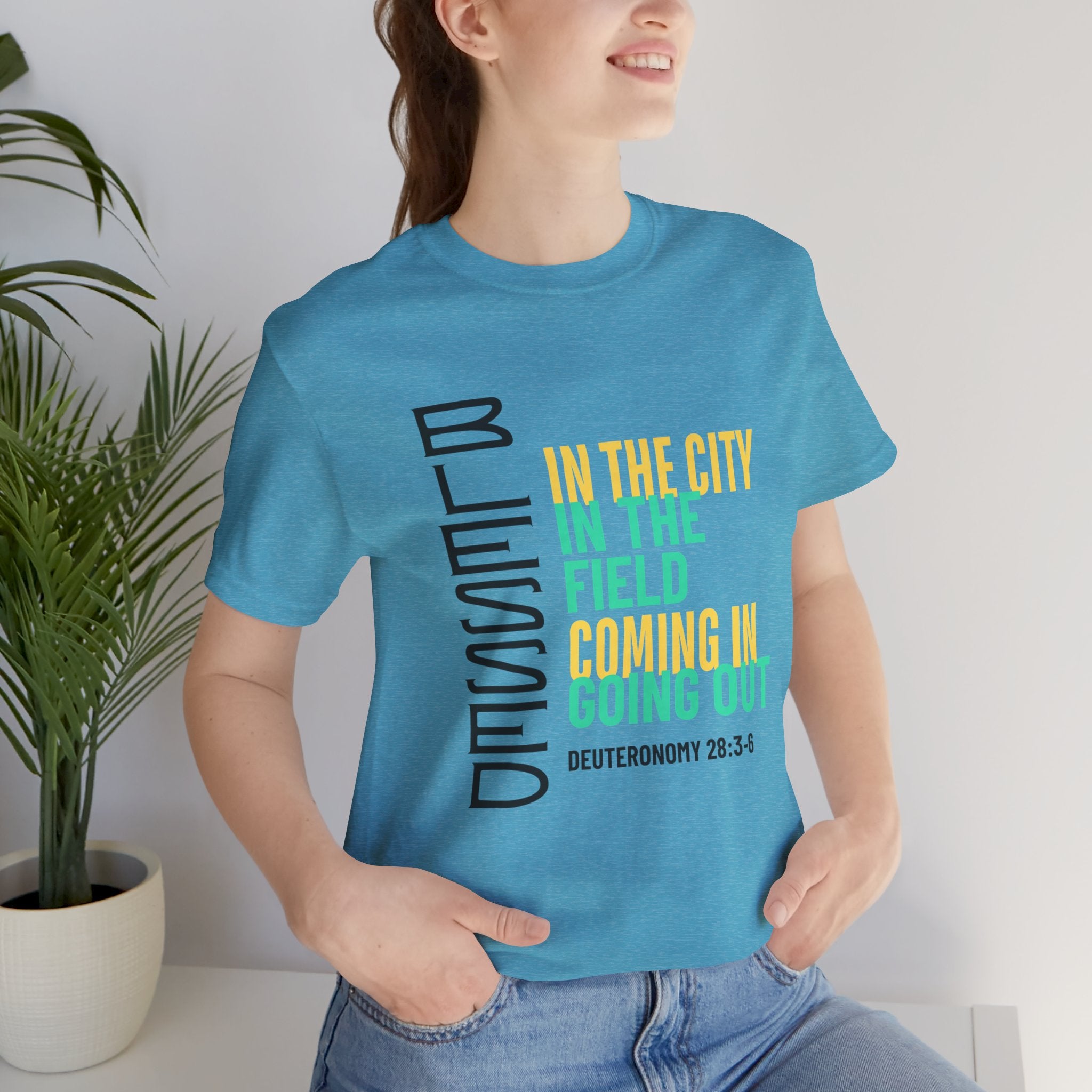Blessed vertical text T-Shirt | In the city, in the field, coming in, going out