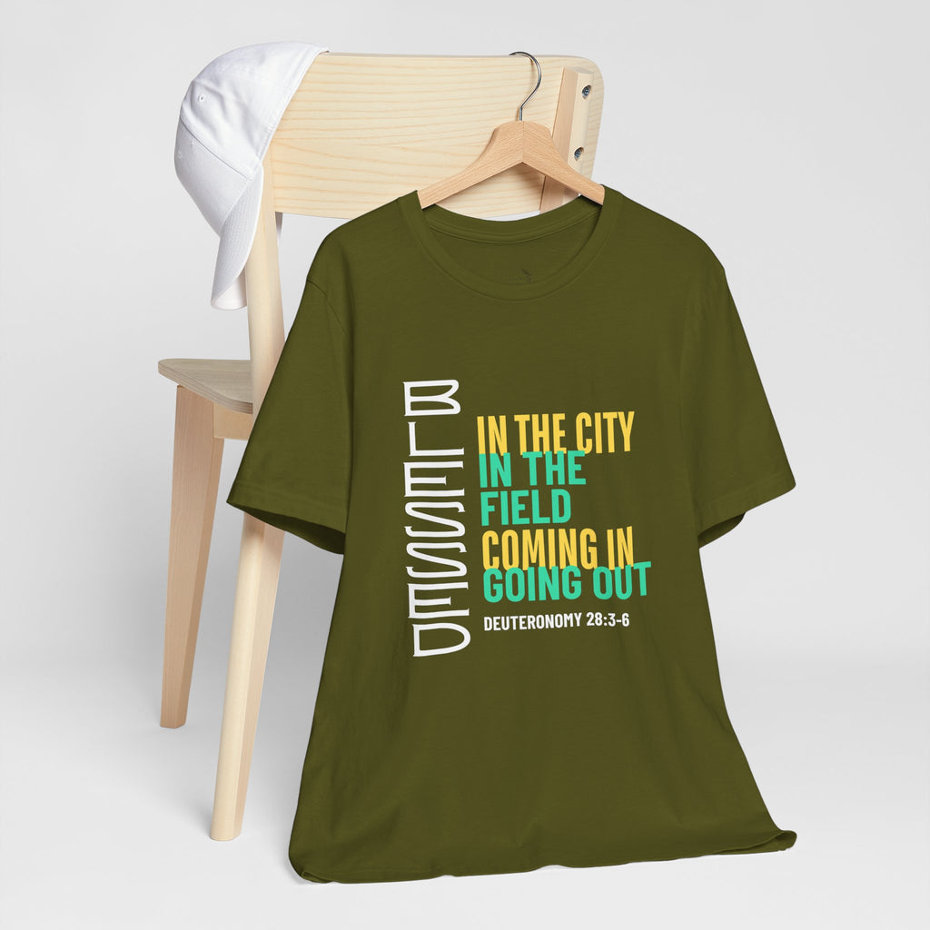 Blessed vertical text T-Shirt | In the city, in the field, coming in, going out