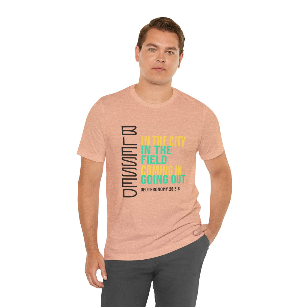 Blessed vertical text T-Shirt | In the city, in the field, coming in, going out