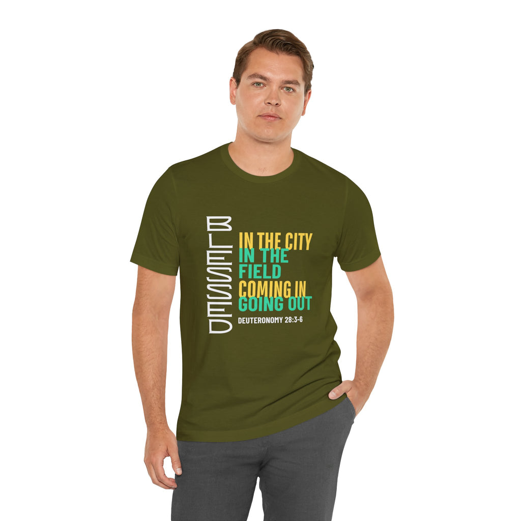 Blessed vertical text T-Shirt | In the city, in the field, coming in, going out