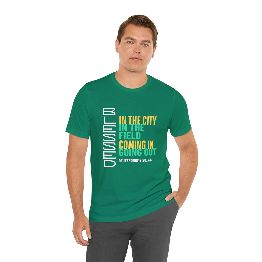 Blessed vertical text T-Shirt | In the city, in the field, coming in, going out