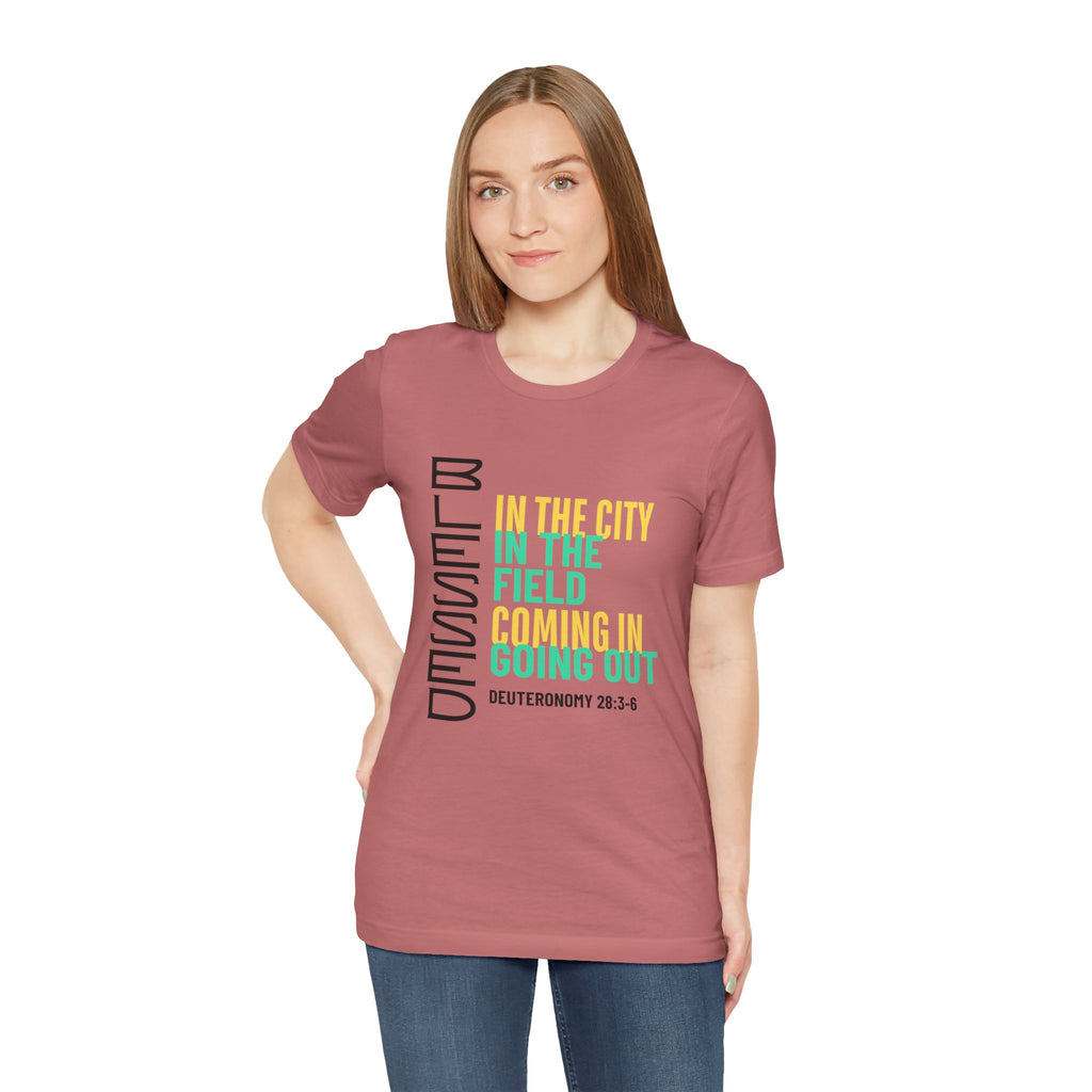 Blessed vertical text T-Shirt | In the city, in the field, coming in, going out
