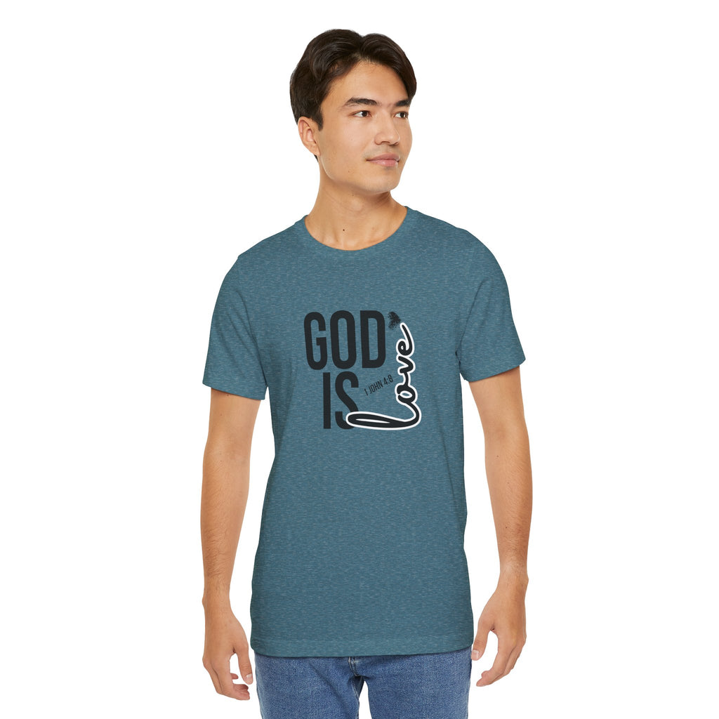 God Is Love T‑Shirt — Christian Faith Tee with Script Heart Design