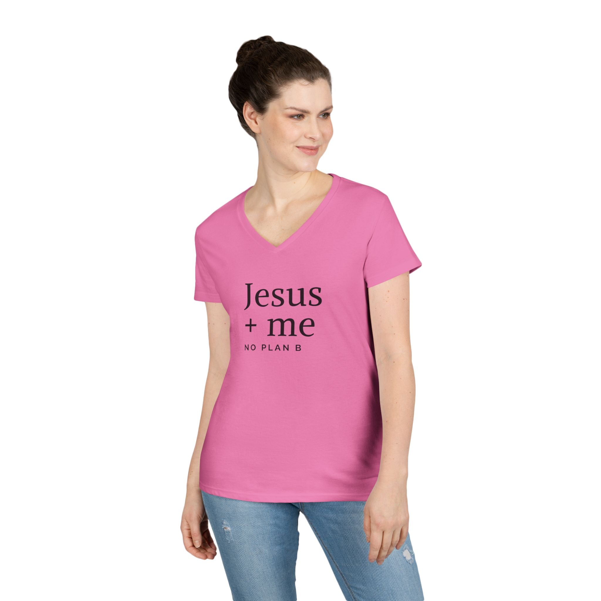 Jesus + Me V-Neck Tee — No Plan B Christian Women’s T-Shirt with Cross Back Design