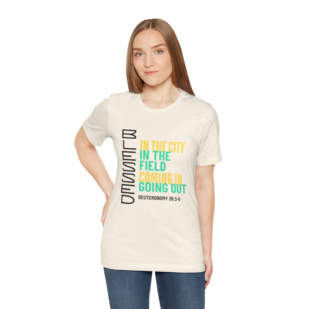 Blessed vertical text T-Shirt | In the city, in the field, coming in, going out