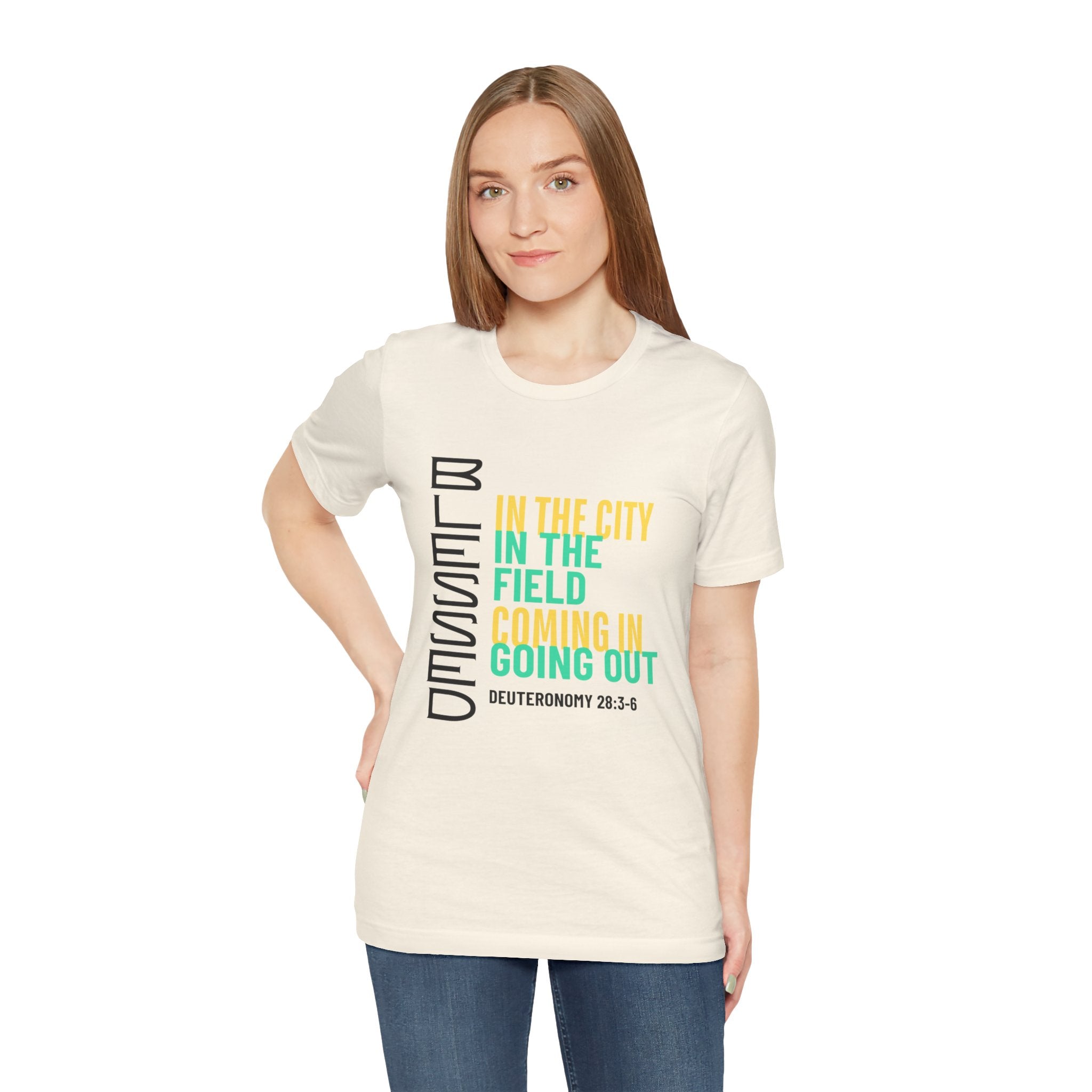 Blessed vertical text T-Shirt | In the city, in the field, coming in, going out