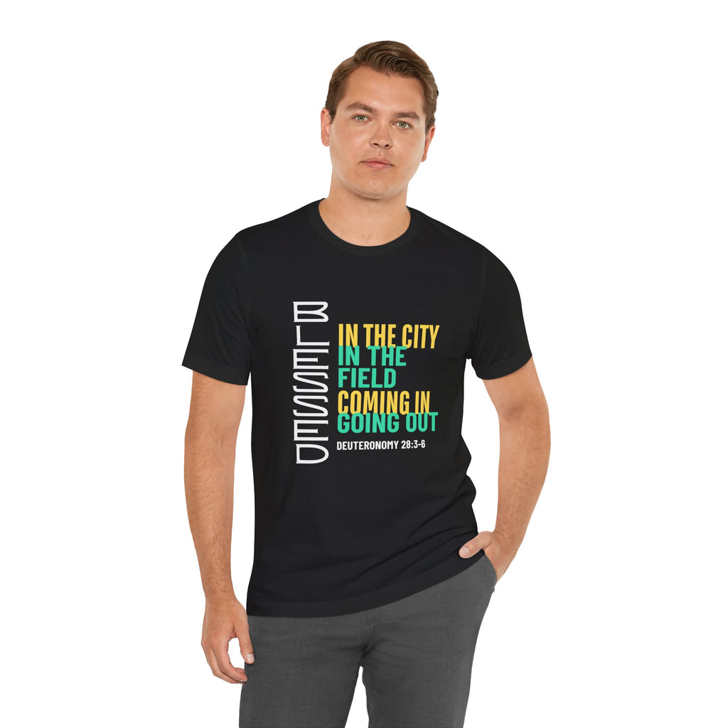 Blessed vertical text T-Shirt | In the city, in the field, coming in, going out