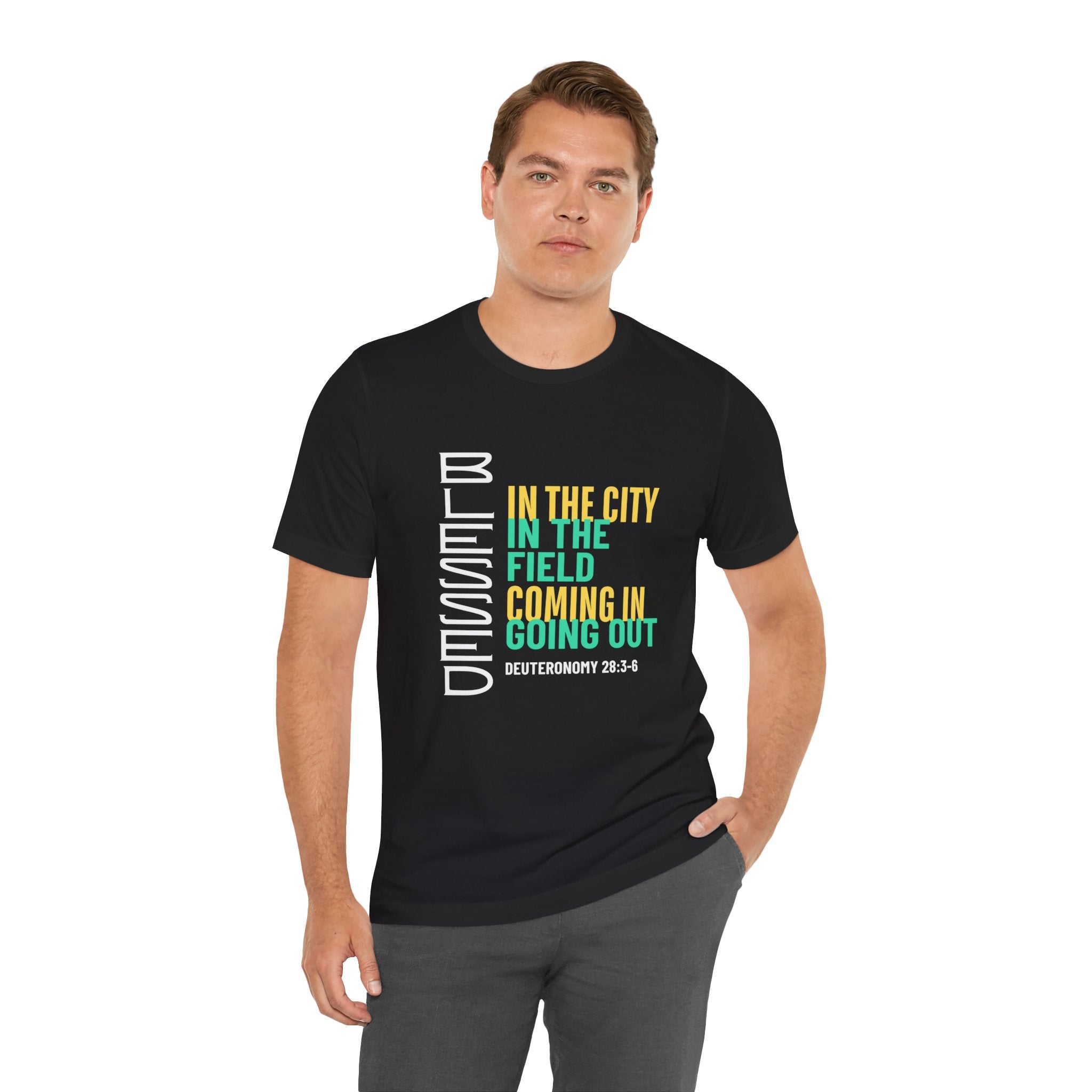 Blessed vertical text T-Shirt | In the city, in the field, coming in, going out