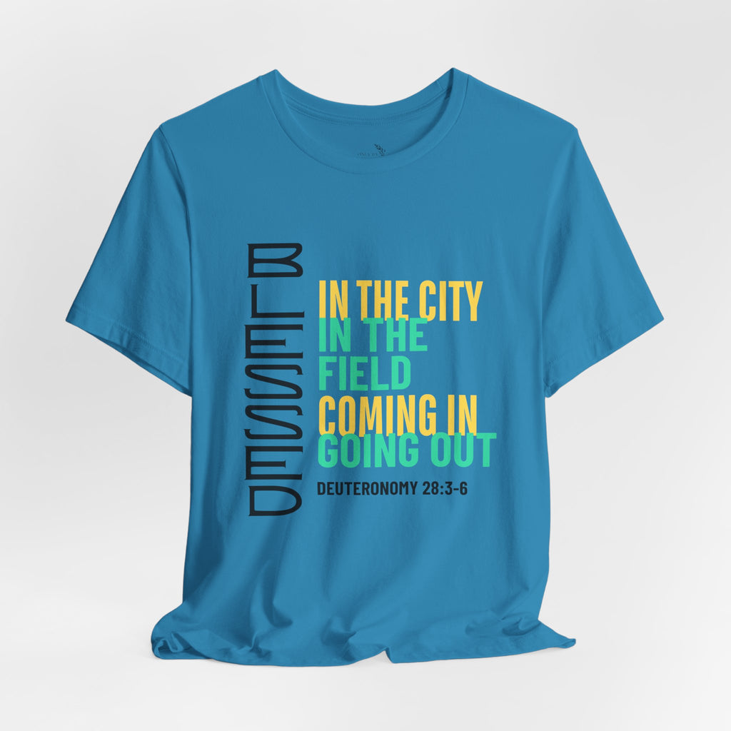 Blessed vertical text T-Shirt | In the city, in the field, coming in, going out