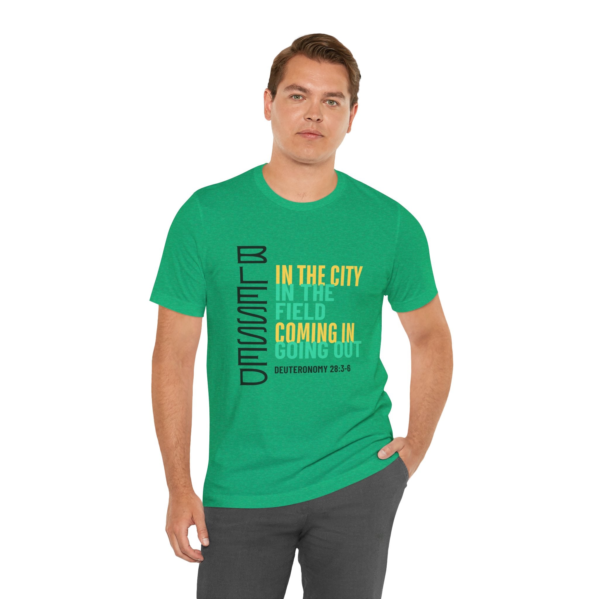 Blessed vertical text T-Shirt | In the city, in the field, coming in, going out