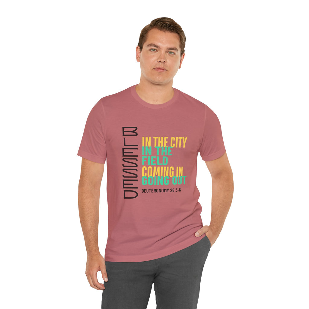 Blessed vertical text T-Shirt | In the city, in the field, coming in, going out