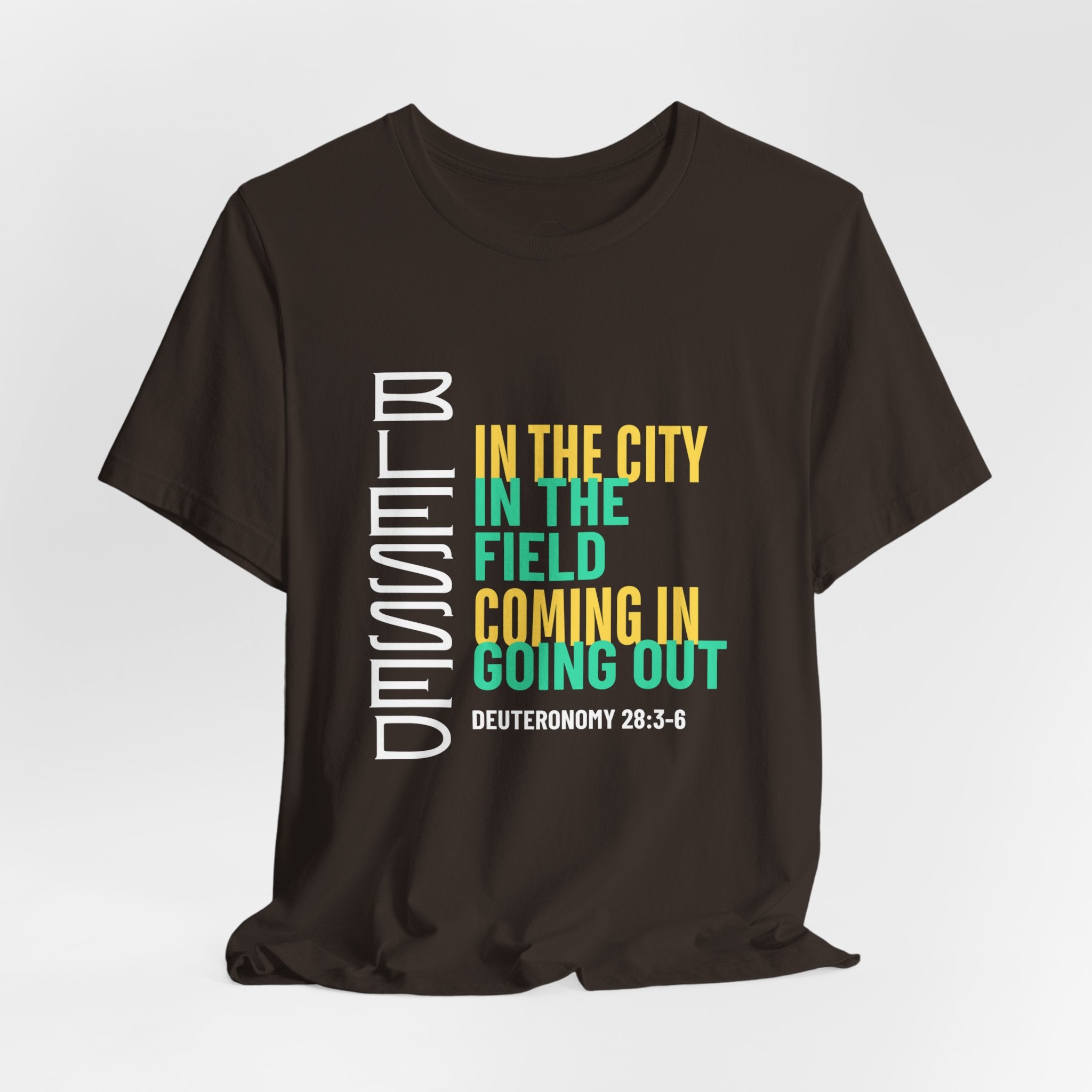 Blessed vertical text T-Shirt | In the city, in the field, coming in, going out