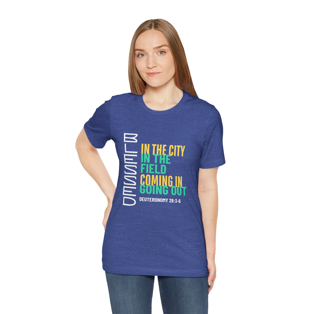 Blessed vertical text T-Shirt | In the city, in the field, coming in, going out