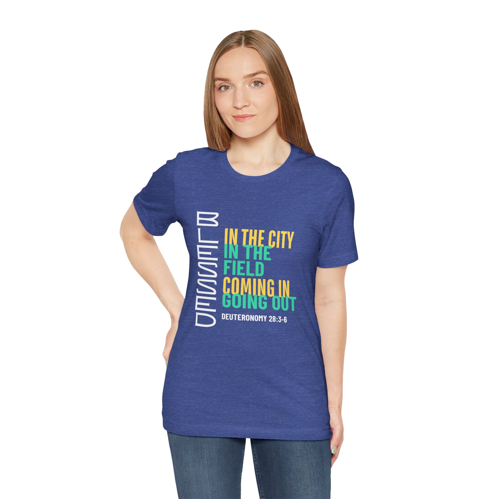 Blessed vertical text T-Shirt | In the city, in the field, coming in, going out
