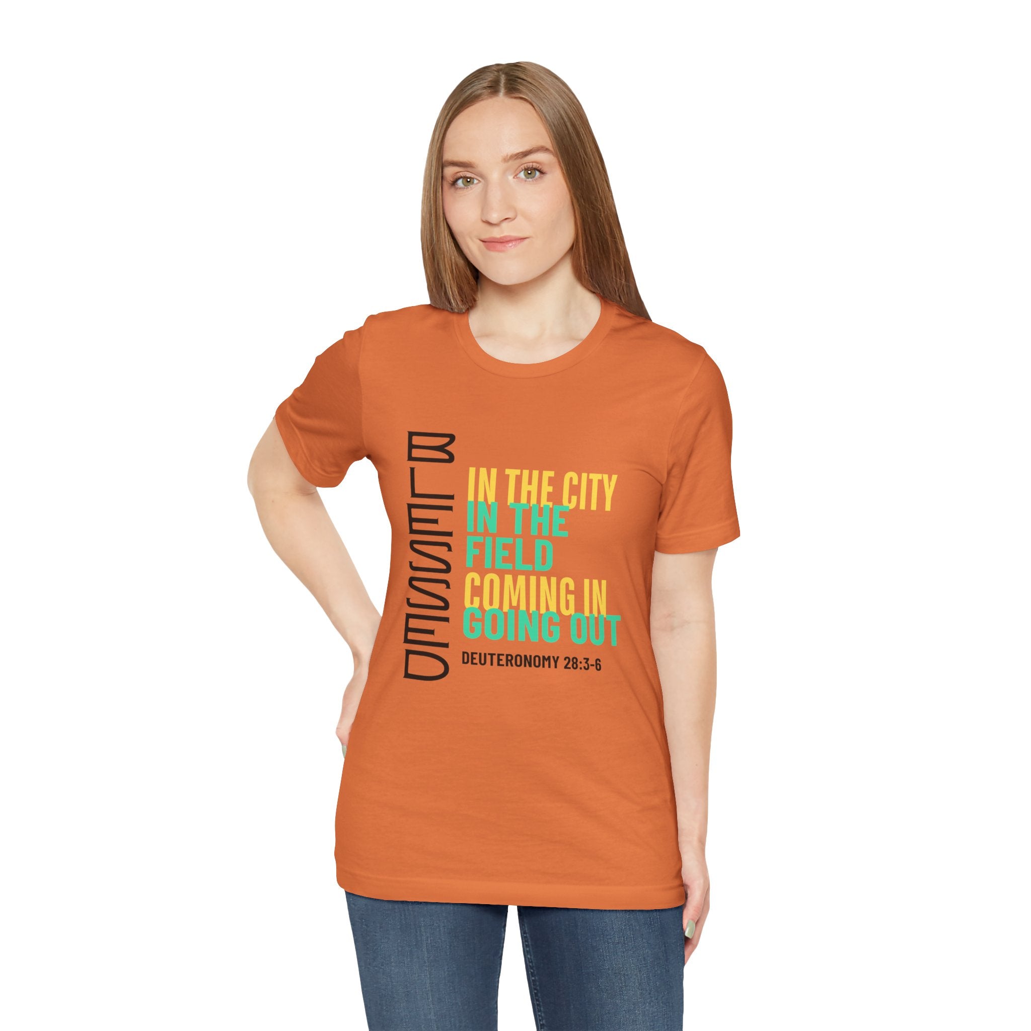 Blessed vertical text T-Shirt | In the city, in the field, coming in, going out