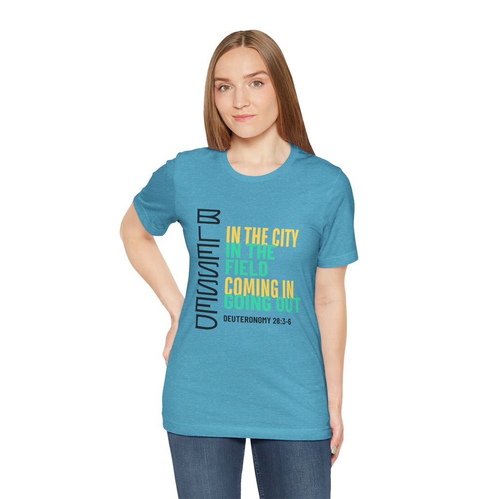 Blessed vertical text T-Shirt | In the city, in the field, coming in, going out