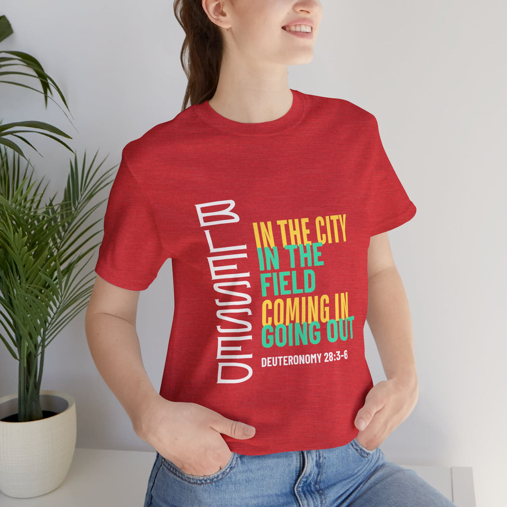 Blessed vertical text T-Shirt | In the city, in the field, coming in, going out