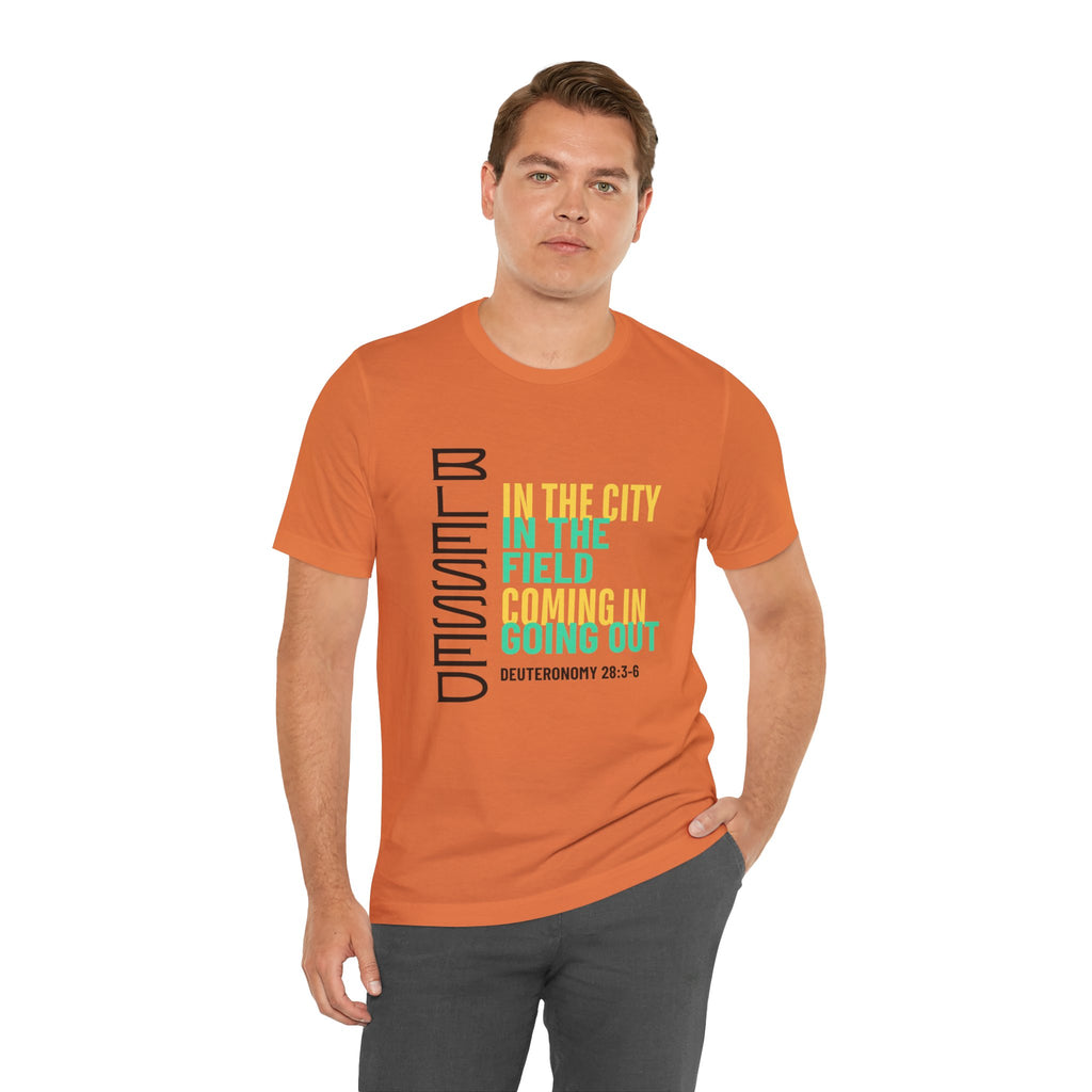 Blessed vertical text T-Shirt | In the city, in the field, coming in, going out