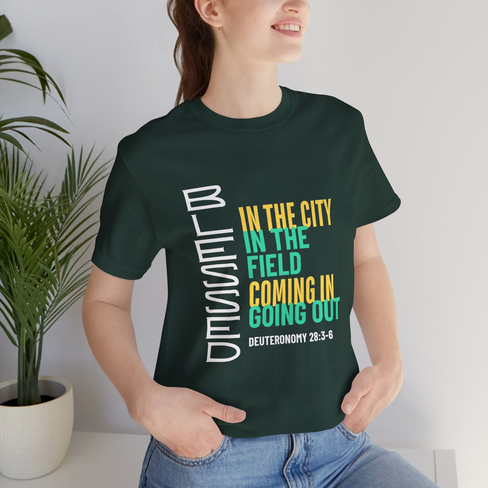 Blessed vertical text T-Shirt | In the city, in the field, coming in, going out