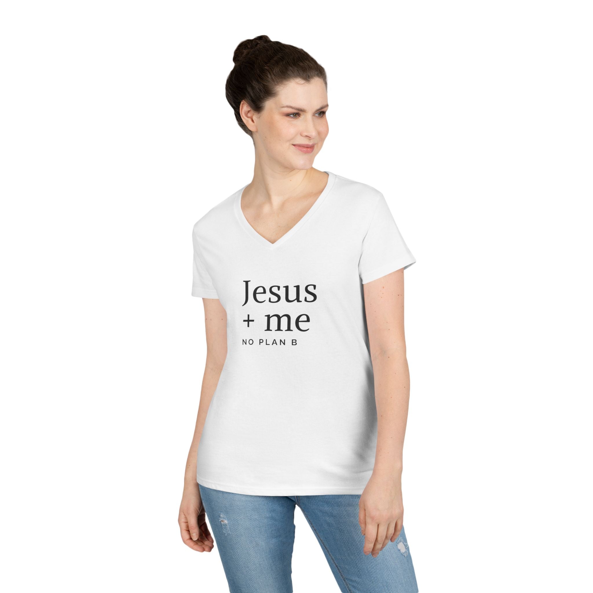 Jesus + Me V-Neck Tee — No Plan B Christian Women’s T-Shirt with Cross Back Design