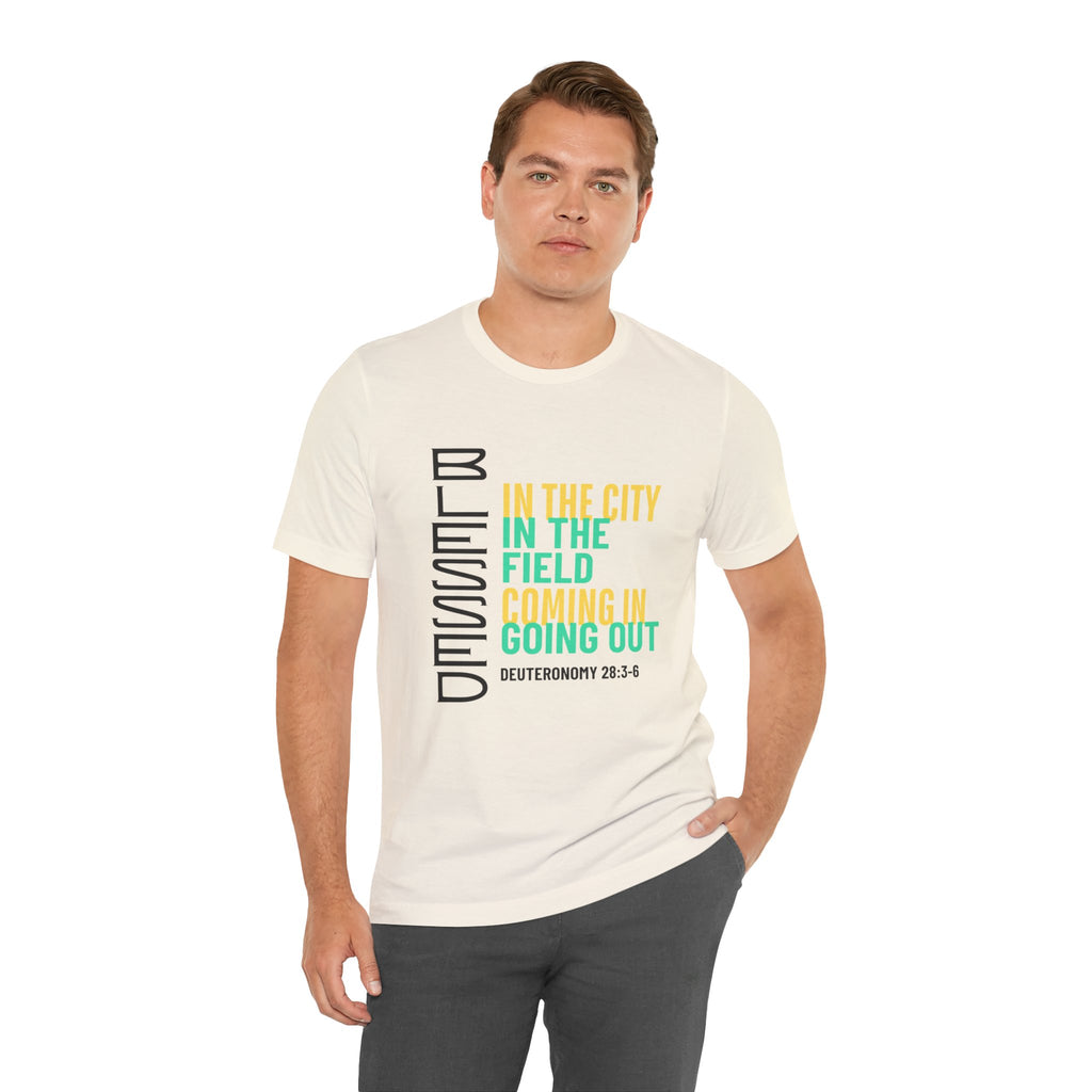 Blessed vertical text T-Shirt | In the city, in the field, coming in, going out